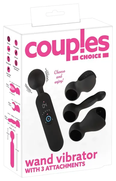Couples Choice Wand Multi-Attachment Vibrating Massager, 21.5 cm, Black