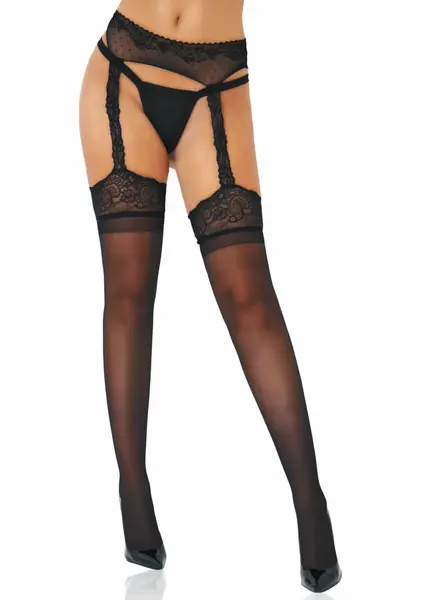 Satin Touch Garterbelt Stockings 20 Denier Lace Finish Black