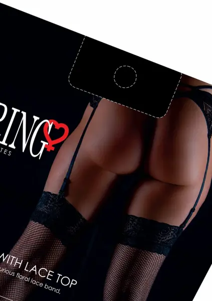 Leg Avenue Net Stockings with Lace Top - Elegant Floral Band, Black