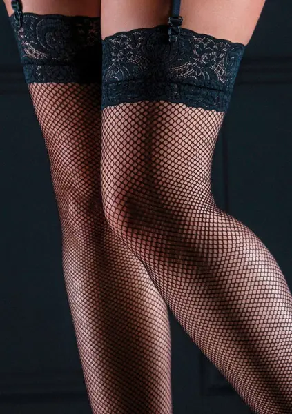 Leg Avenue Net Stockings with Lace Top - Elegant Floral Band, Black