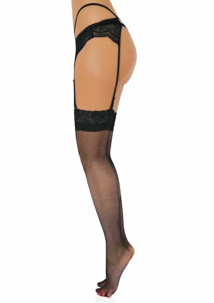 Leg Avenue Net Stockings with Lace Top - Elegant Floral Band, Black