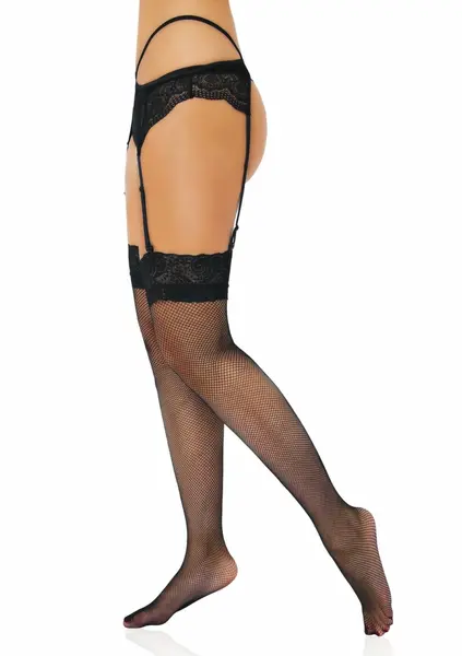 Leg Avenue Net Stockings with Lace Top - Elegant Floral Band, Black