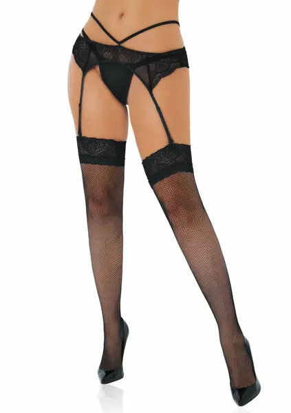Leg Avenue Net Stockings with Lace Top - Elegant Floral Band, Black