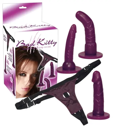 Bad Kitty Adjustable Strap-On Set Purple, 3 Interchangeable Attachments