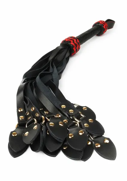 Ouch! Cat-o-Nine Tails Leather Whip with Studded Tails Black/Red