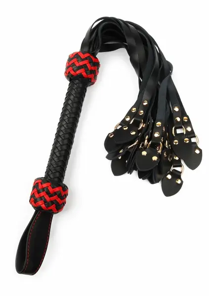 Ouch! Cat-o-Nine Tails Leather Whip with Studded Tails Black/Red