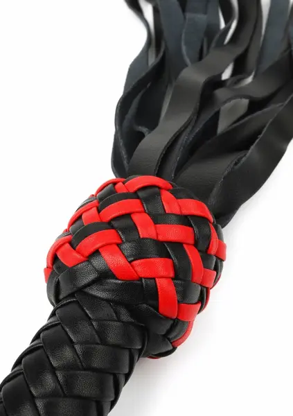 Ouch! Cat-o-Nine Tails Leather Whip with Studded Tails Black/Red