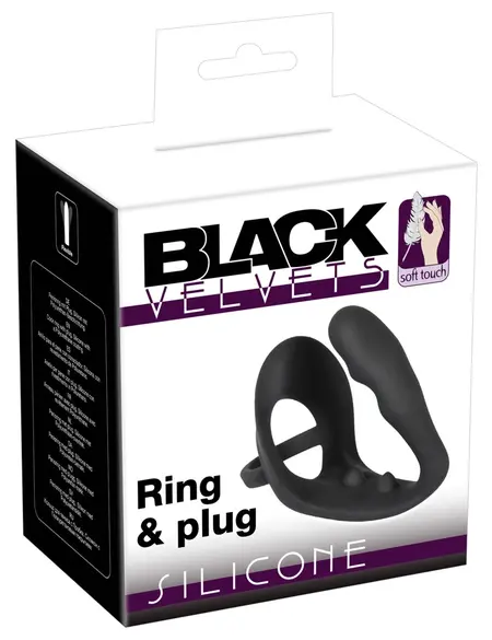 Black Velvets Silicone Intimate Ring with Plug and Perineum Bridge, Black