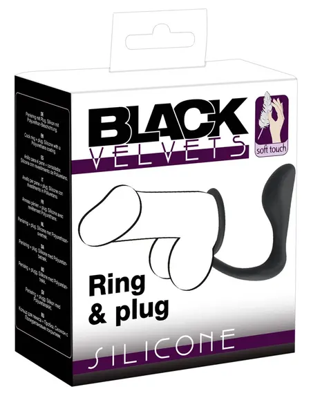 Black Velvets Duo System Silicone Ring & Plug, Black, 10cm