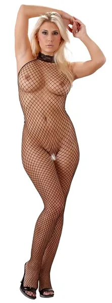 Cottelli Collection Net Catsuit Black S/M with Lace Collar Open Design