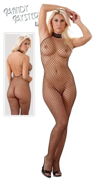 Cottelli Collection Net Catsuit Black S/M with Lace Collar Open Design