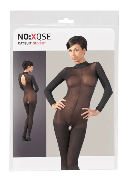 Cottelli Collection Power Net Catsuit with Lace Collar M/L Black