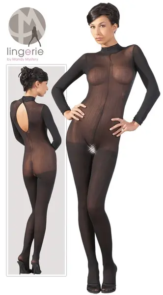 Cottelli Collection Power Net Catsuit with Lace Collar M/L Black