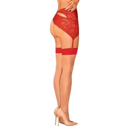 Obsessive S814 Sheer Red-Trim Stockings S/M - Elegant Beige Mesh