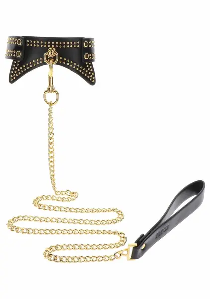 TABOOM Studded Collar and Leash Black/Gold Adjustable Vegan Leather
