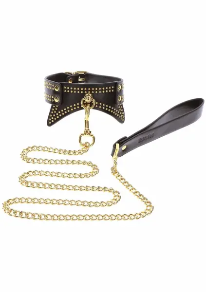 TABOOM Studded Collar and Leash Black/Gold Adjustable Vegan Leather