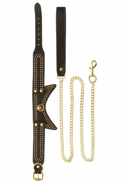 TABOOM Studded Collar and Leash Black/Gold Adjustable Vegan Leather