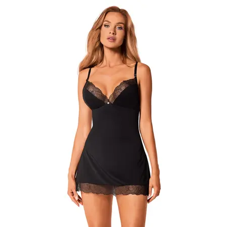 Obsessive Bella Rou Chemise & Thong XL/2XL - Embroidered Tulle, Black
