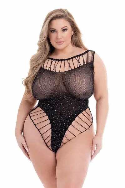 Baci Diamonte Bodysuit Black QS - Sheer High-Cut Glamour Lingerie