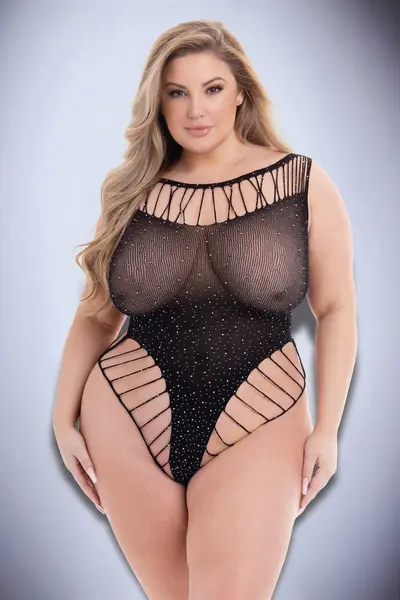 Baci Diamonte Bodysuit Black QS - Sheer High-Cut Glamour Lingerie