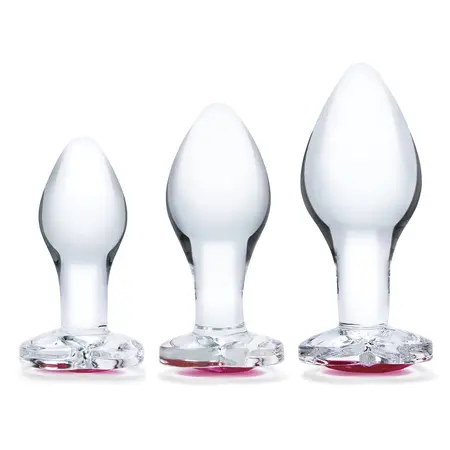 Glas Heart Jewel Glass Plug Set 3 pcs - Graduated Sizes, Red Base Accent