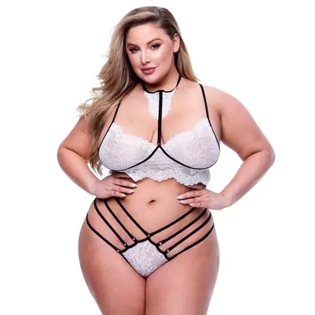 Baci 2-Piece Lace Strappy Bra & Panty Set Queen Size, Black Trim