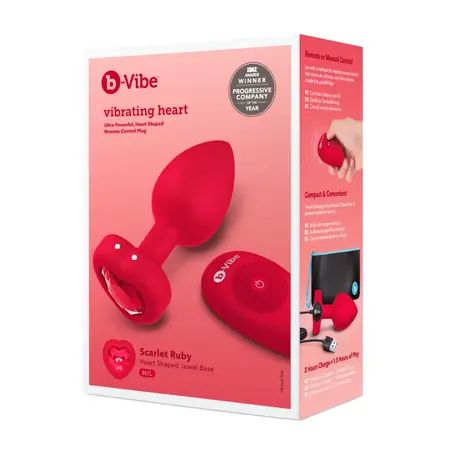 b-Vibe Heart Vibrating Remote Plug M/L Red - 15 Modes, Silicone, USB