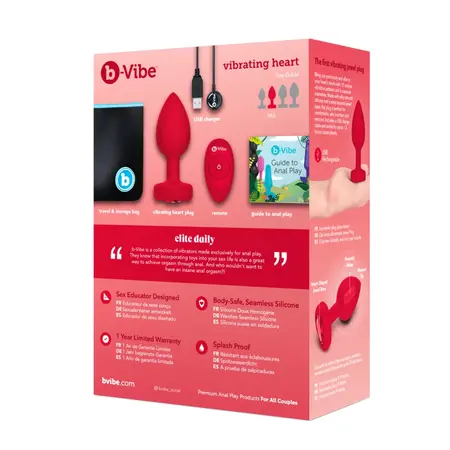 b-Vibe Heart Vibrating Remote Plug M/L Red - 15 Modes, Silicone, USB