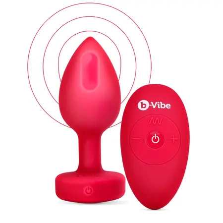 b-Vibe Heart Vibrating Remote Plug M/L Red - 15 Modes, Silicone, USB
