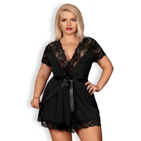 Obsessive 810-PEI-1 Elegant Lace Peignoir XXL Black Satin Finish