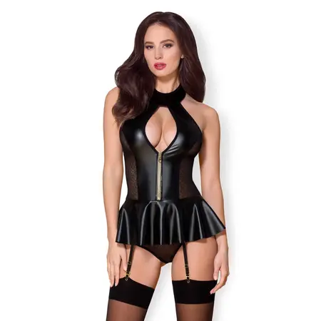 Obsessive 859-COR-1 Wet Look Corset & Thong Set L/XL Black