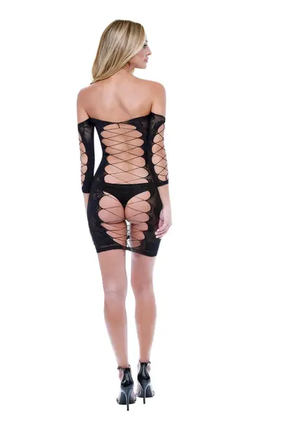 Baci Corset Front Long Sleeve Mini Dress Black OS - Lace & Corset Detail