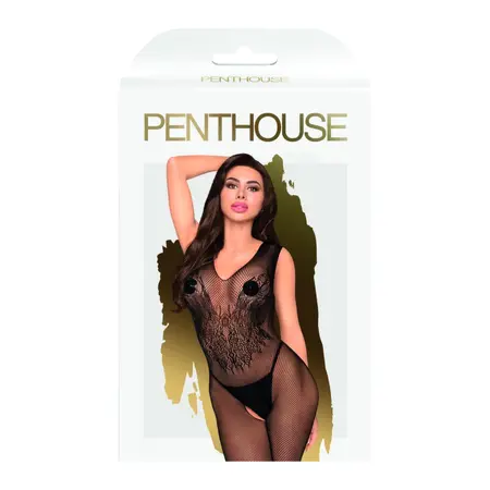 Penthouse Wild Catch Bodystocking Black XL - Embroidered Fishnet Design