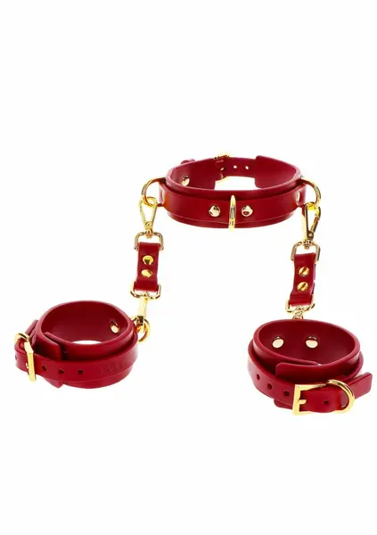 Deluxe комплект нашийник с D-халка и белезници за ръце, черен, регулируем