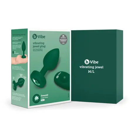 b-Vibe Vibrating Jewel Plug M/L Emerald - Silicone, 15 Modes, USB Rechargeable