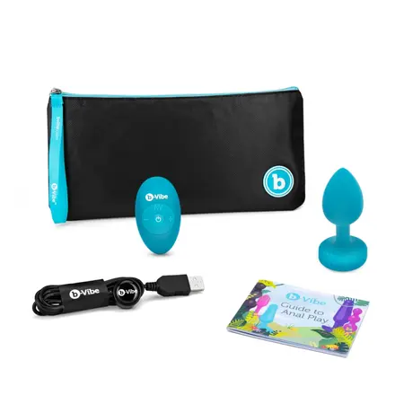 b-Vibe Vibrating Jewel Plug S/M Aquamarine - Silicone, 15 Modes, USB