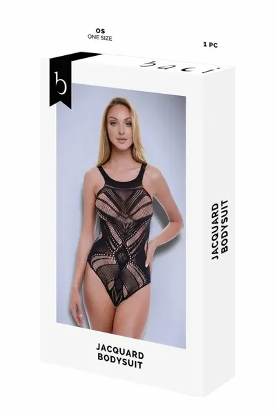 BACI Jacquard Bodysuit Black OS - Elegant Mesh Pattern, High-Cut Design