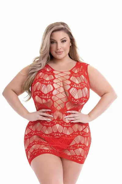 Baci Corset Front Lace Mini Dress Red - Sheer Patterned Design, QS