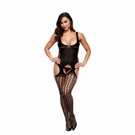 Baci Bodystocking One Size with Garter System and Open Gusset Black