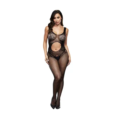 Baci Bodystocking Open Front Jacquard Mesh One Size Black