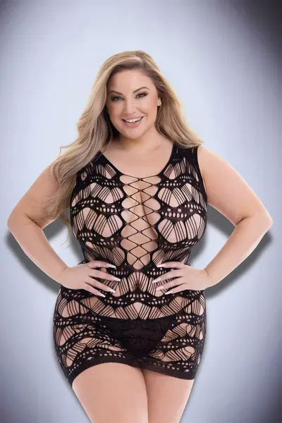 Baci Corset Front Lace Mini Dress Black QS - Sheer Patterned Mesh