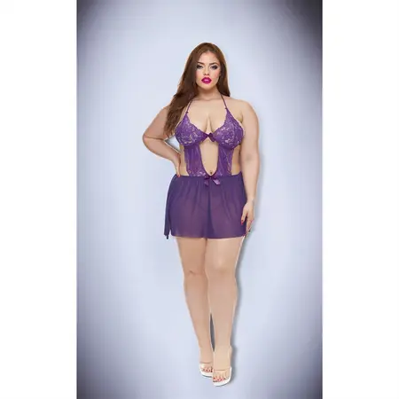 Baci Lingerie Amethyst Lace Babydoll Purple, Size QS - Elegant Nightwear