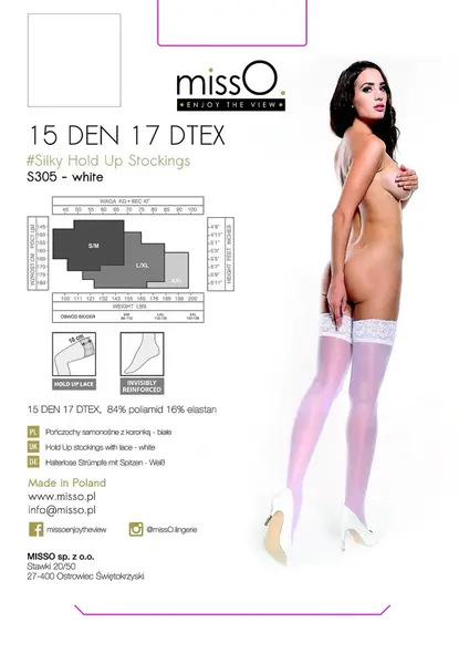 MissO S305 Hold-Up Stockings White L/XL - Sheer 15 DEN, Lace Top