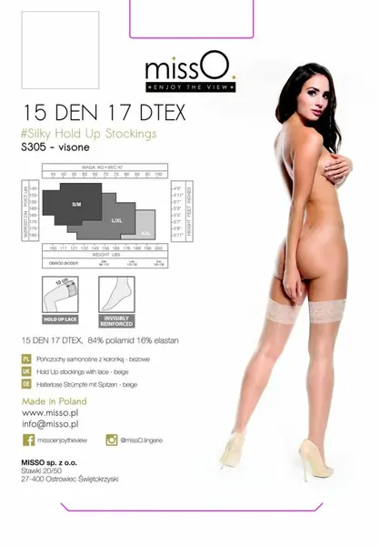 MissO S305 Self-Supporting Stockings Beige S/M - 15 DEN Lace Top
