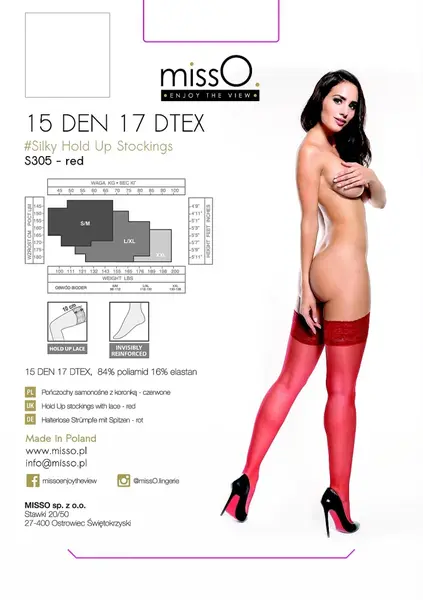 MissO S305 Hold-Up Stockings Red XXL - 15 DEN, Lace Top, Durable Knit