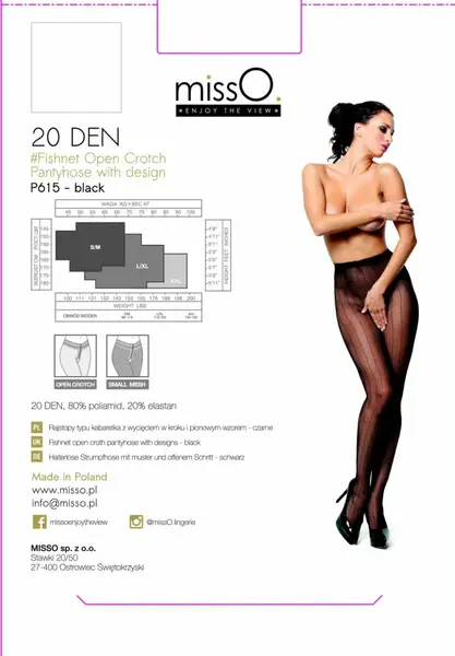 MissO P615 Fishnet Tights with Vertical Stripes, Black S/M