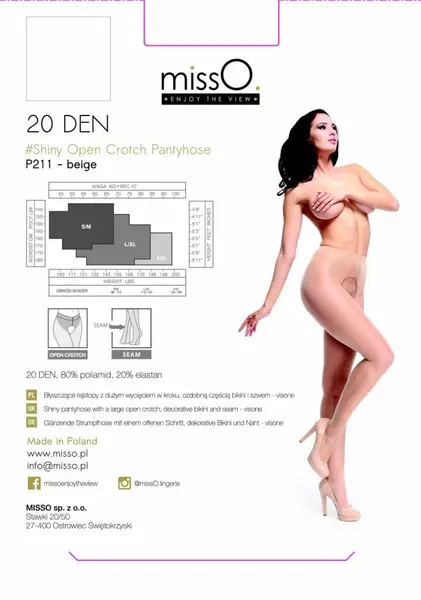 MissO P211 Sheer Tights with Open Gusset Beige S/M - Glossy Finish