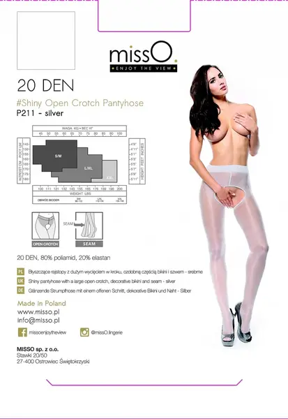 MissO P211 Silver Sheer Tights with Cut-Out S/M - Decorative Seam