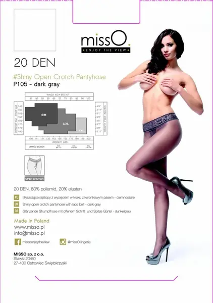 MissO P105 Sheer Crotchless Tights with Lace Trim Dark Grey S/M