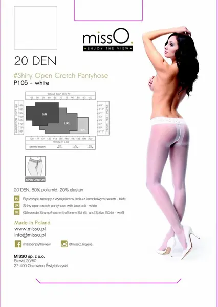 MissO P105 Sheer White Tights with Lace Top and Open Gusset S/M